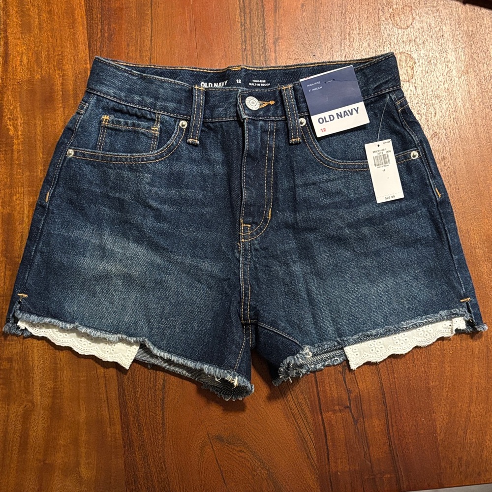 NWT Old Navy Girls Blue Denim Shorts With Lace Pockets Size 12